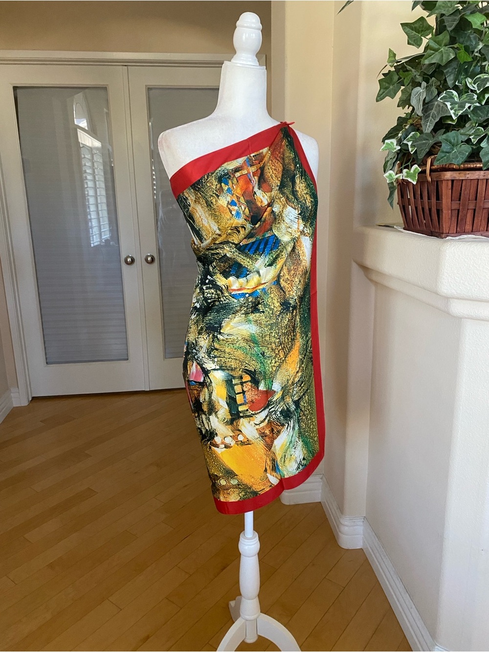 Silk Scarf Wrap Dress Top Abstract Multicolor with Red Trim